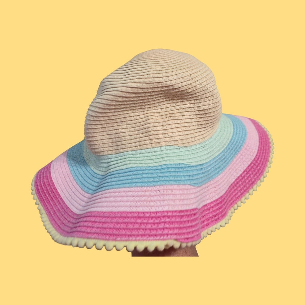 Cat & Jack Style Girls Beige Sun Hat with Pink, Blue, and Mint Stripes - Picture 3 of 6